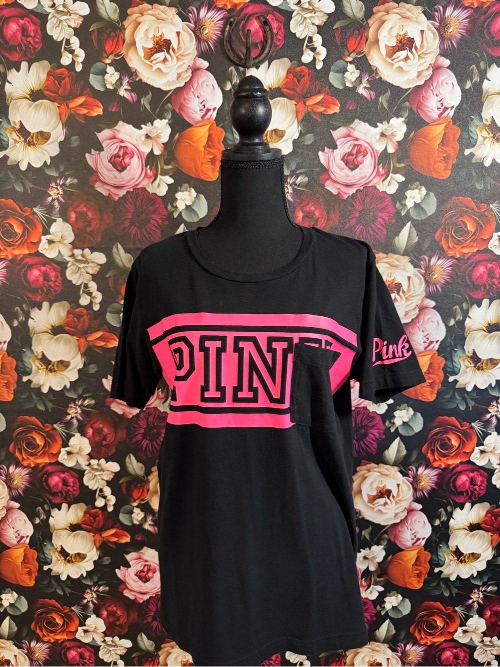 PINK Victoria's Secret Oversized Black Tee with Neon Pink Logo, S